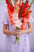 Lady holding mixed bunch of Flamencos gladioli, Forever Bulbs, Gladiolus Ted's Frizzle