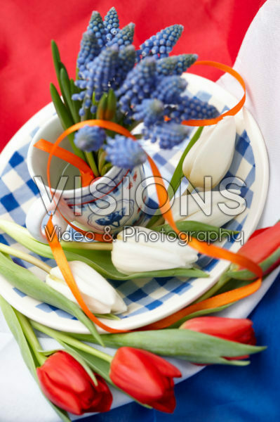 Muscari flowers in cup and saucer