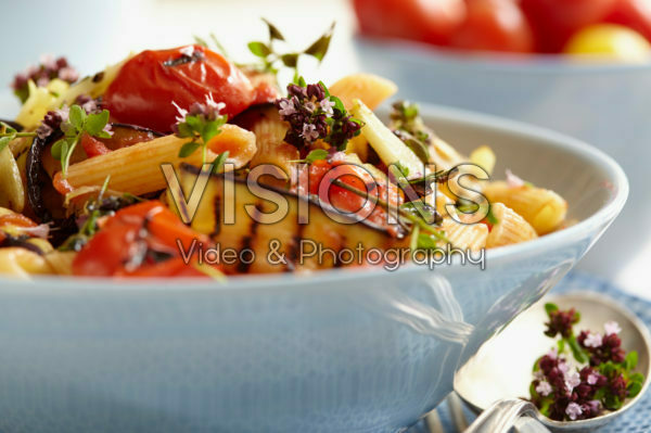 Pasta with tomatoes and grilled aubergine