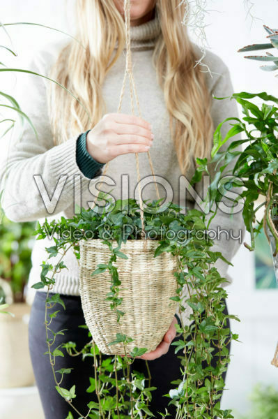 Jongedame met hanging basket Jongedame met hanging basket