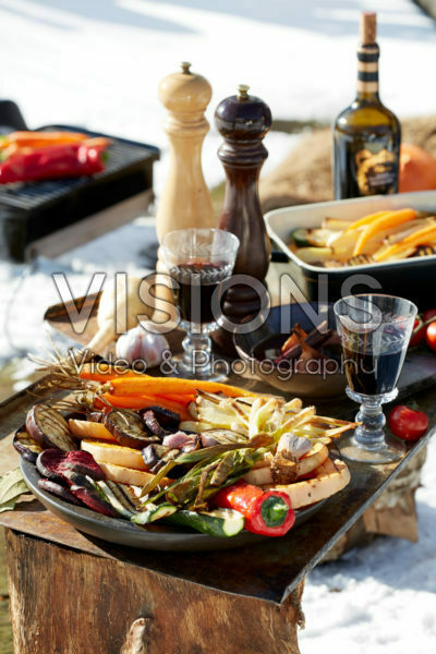 Grilled vegetables on outdoor table
