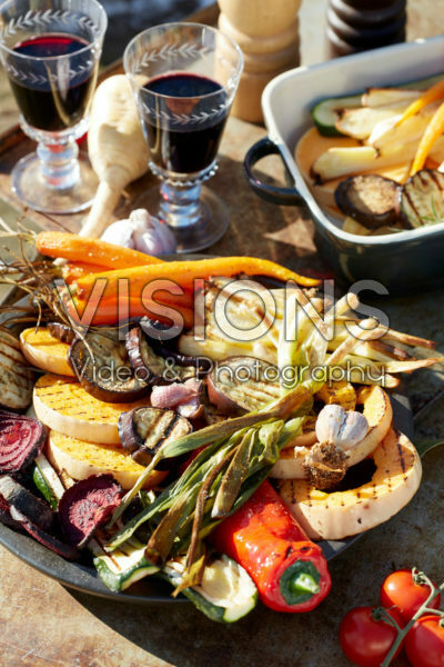 Grilled vegetables on outdoor table