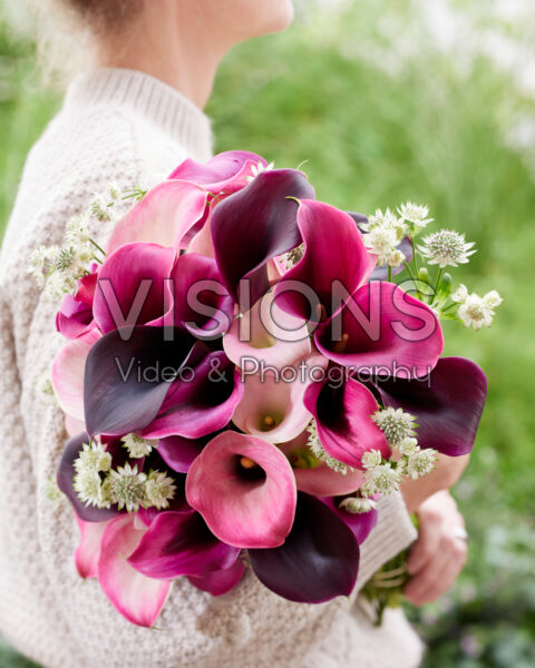 Lady holding mixed calla bouquet