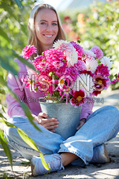 Dame met roze en witte dahlia's in emmer