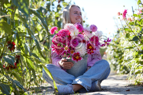 Lady holding zinc bucket with pink and white dahlias