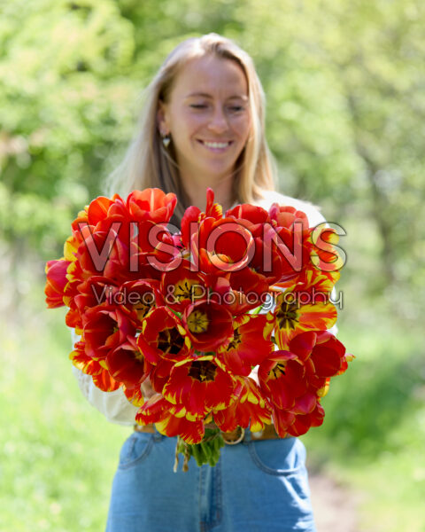 Dame met gemengd tulpenboeket