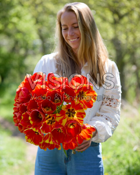 Dame met gemengd tulpenboeket Dame met gemengd tulpenboeket