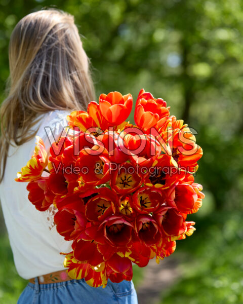 Dame met gemengd tulpenboeket Dame met gemengd tulpenboeket