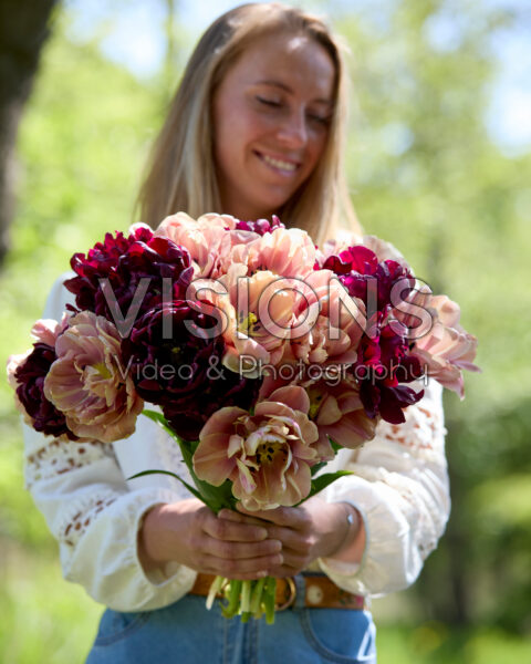 Lady with double flowered tulip bouquet Lady with double flowered tulip bouquet