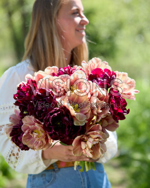Lady with double flowered tulip bouquet Lady with double flowered tulip bouquet