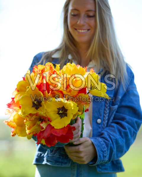 Lady with mixed tulip bouquet red and yellow Lady with mixed tulip bouquet red and yellow