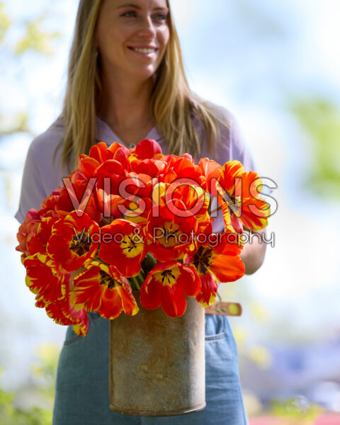 Lady with mixed tulip bouquet Lady with mixed tulip bouquet