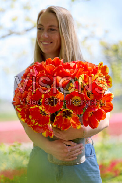 Dame met gemengd tulpenboeket Dame met gemengd tulpenboeket