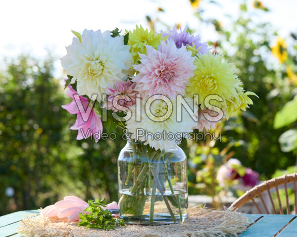 Gemengde dinnerplate dahlia's in boeket