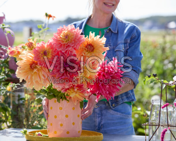 Mixed dinnerplate dahlias in bouquet