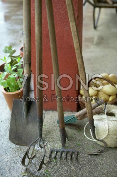 Gardening tools, ball of garden twine and basket of potatoes