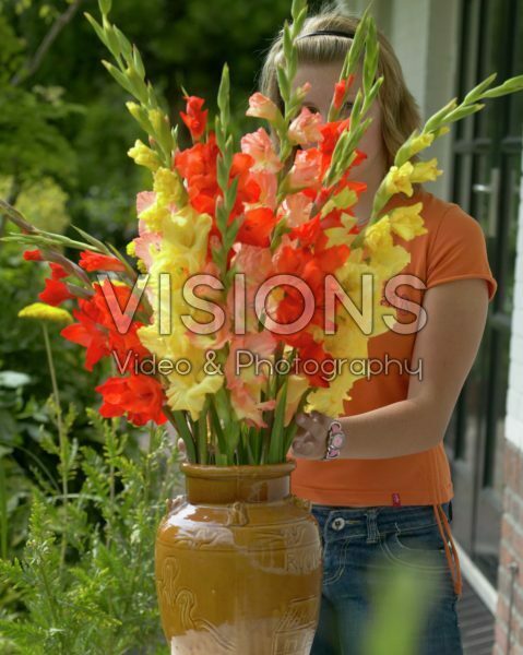 Woman arranging Gladiolus bouquet